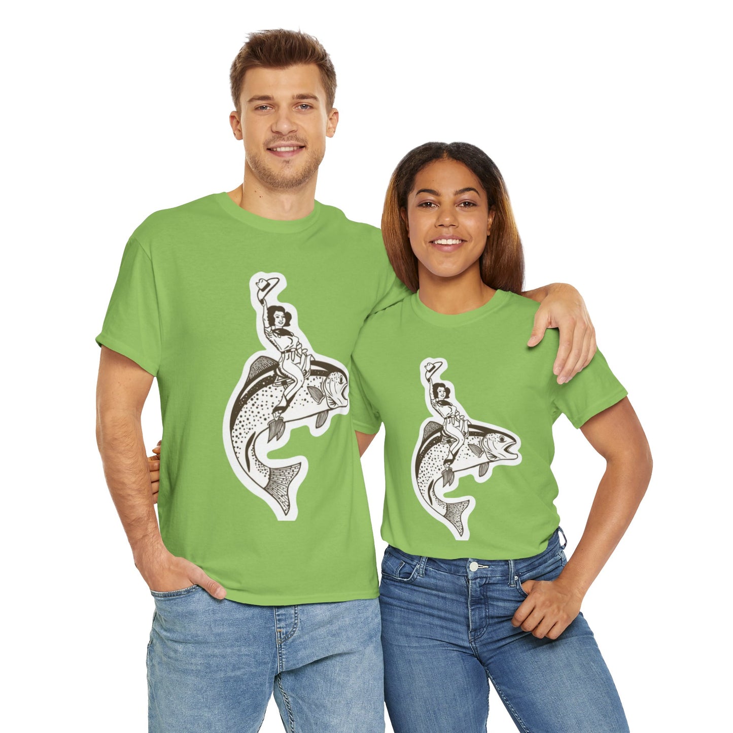 Cowgirl riding fish unisex heavy cotton t-shirt