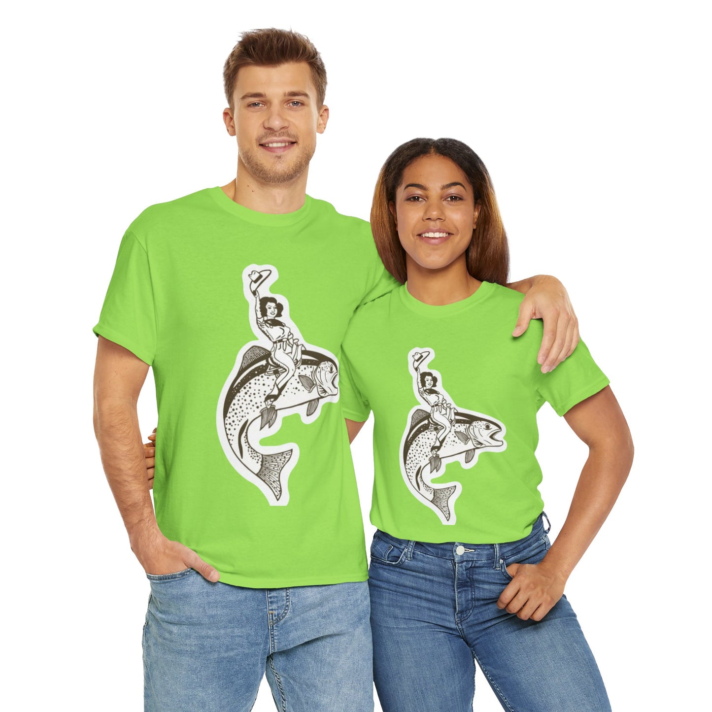 Cowgirl riding fish unisex heavy cotton t-shirt