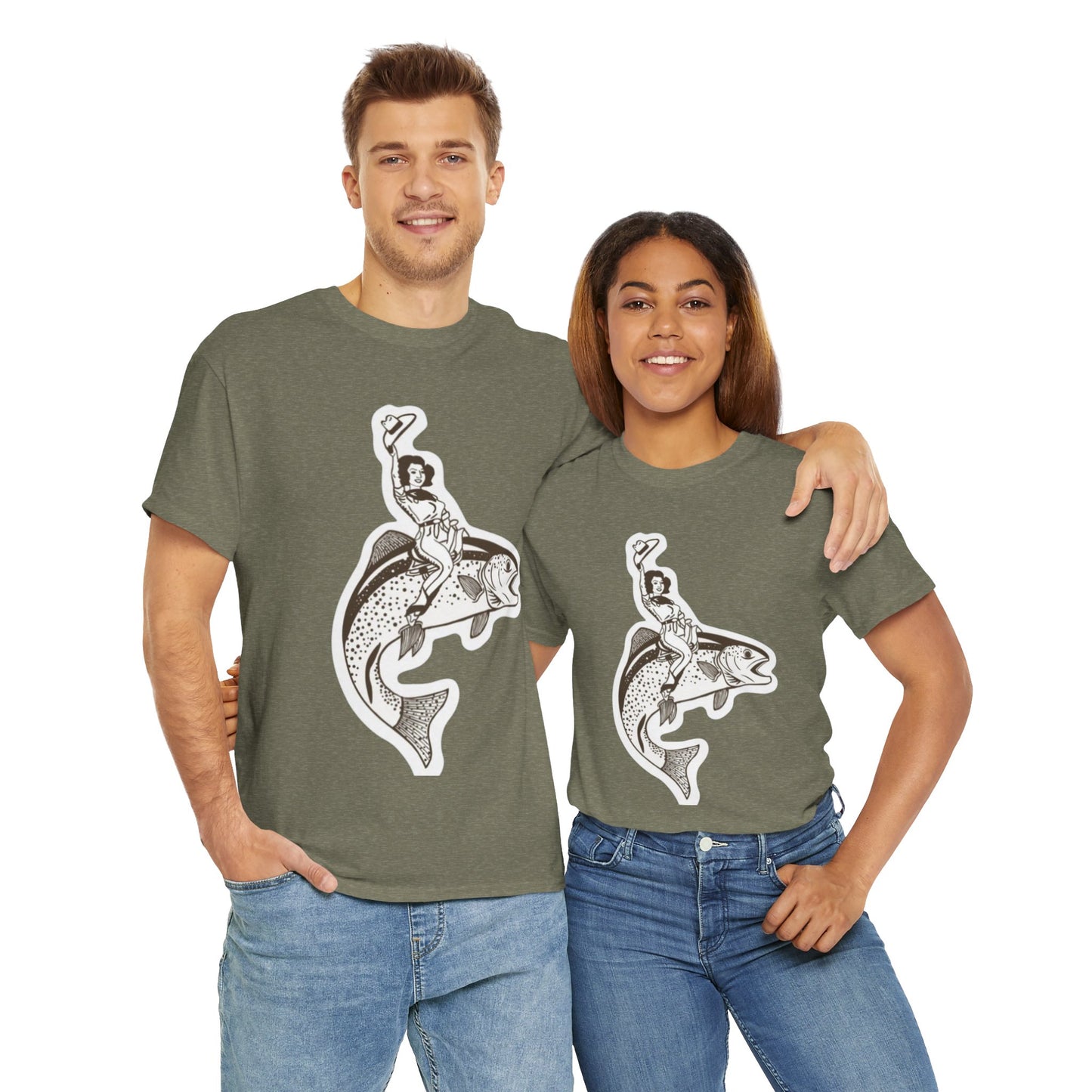 Cowgirl riding fish unisex heavy cotton t-shirt