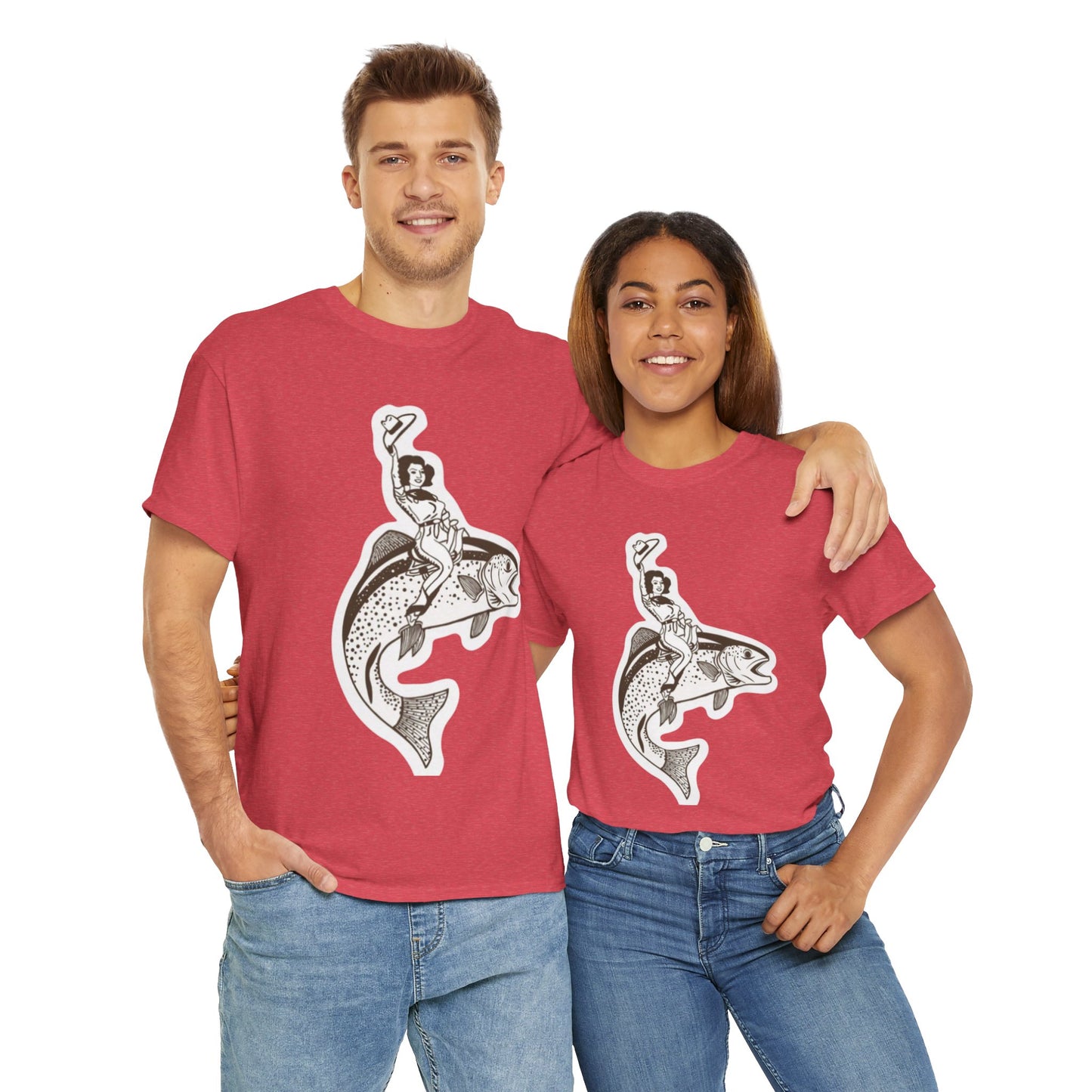 Cowgirl riding fish unisex heavy cotton t-shirt