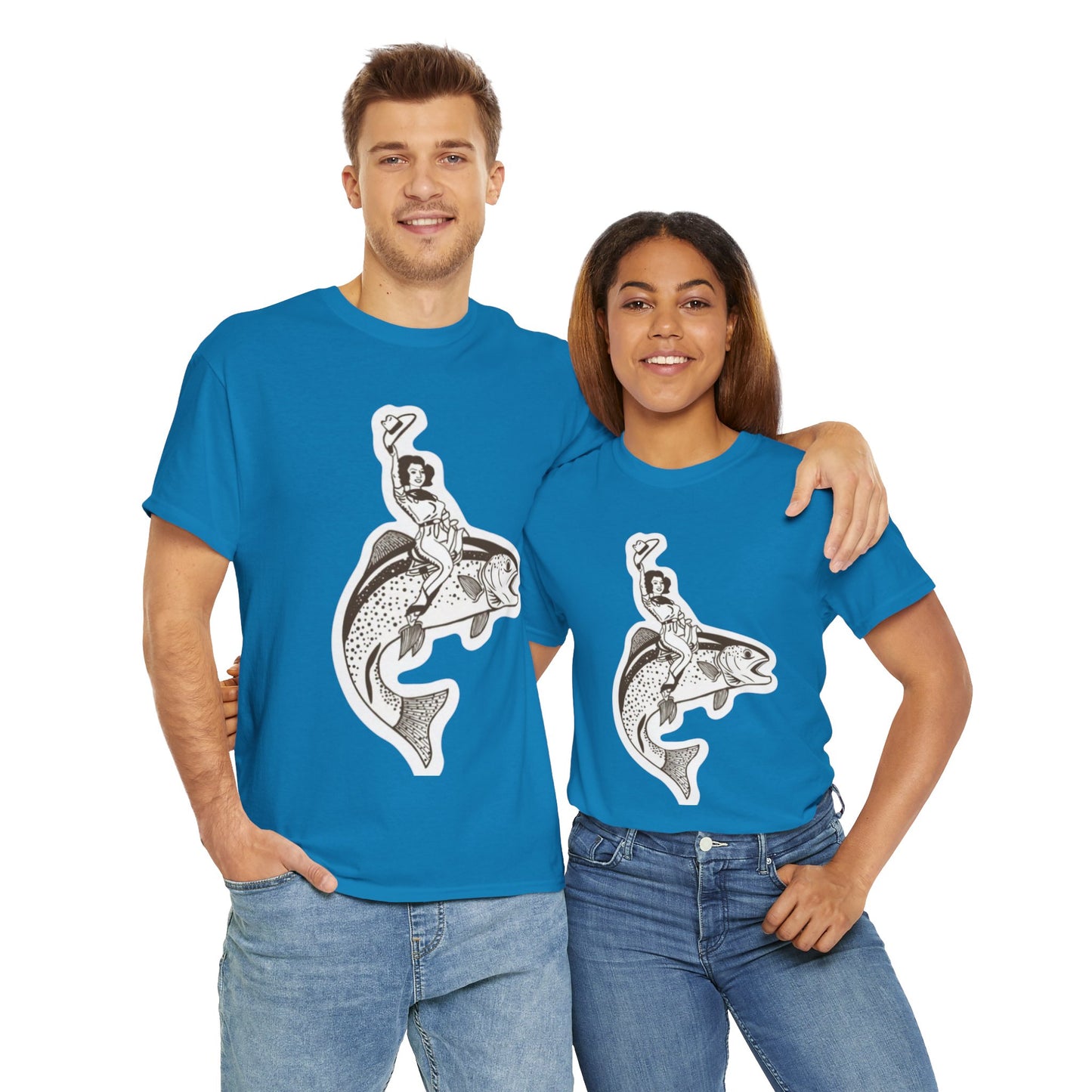 Cowgirl riding fish unisex heavy cotton t-shirt