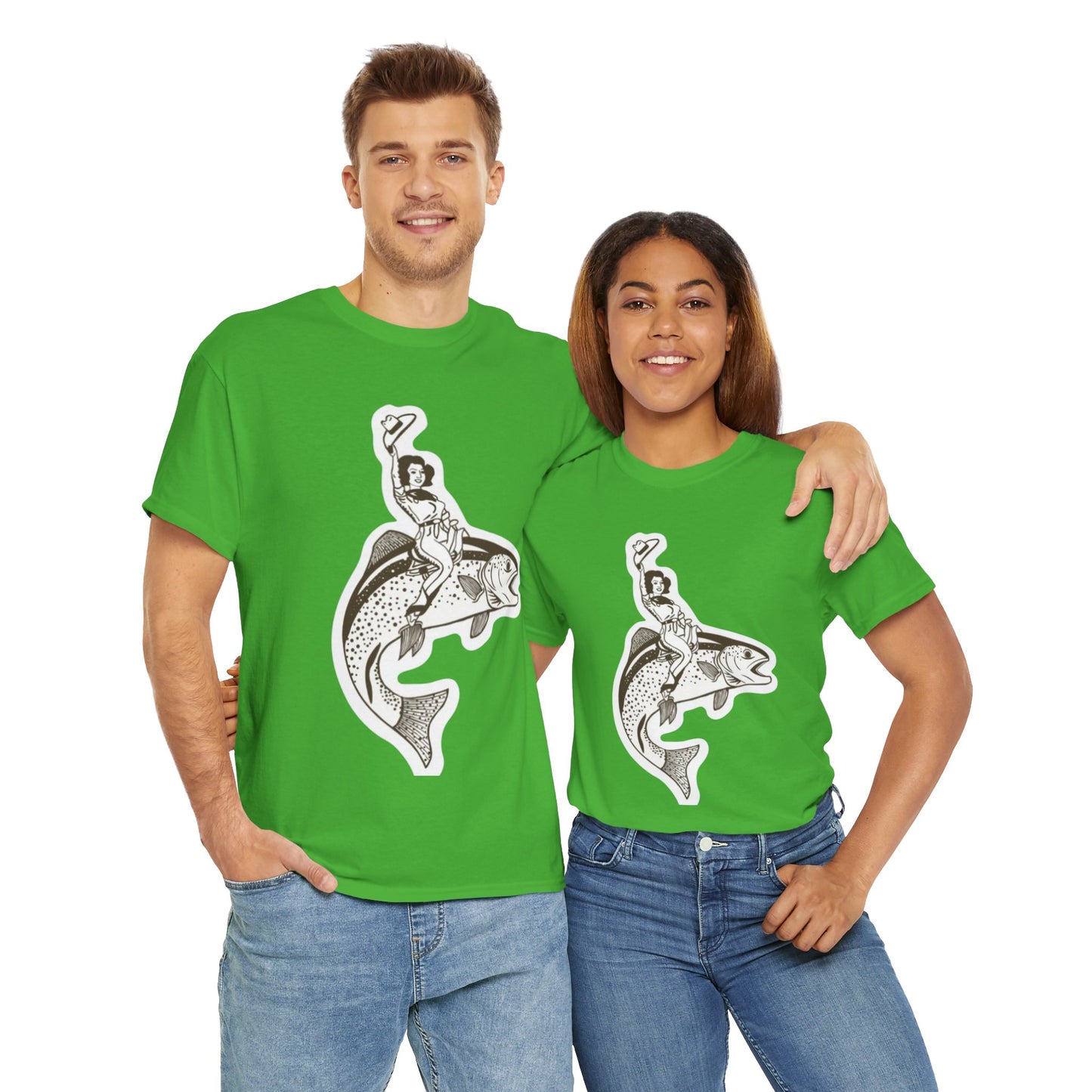 Cowgirl riding fish unisex heavy cotton t-shirt
