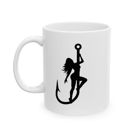 Fishing girl on hook mug