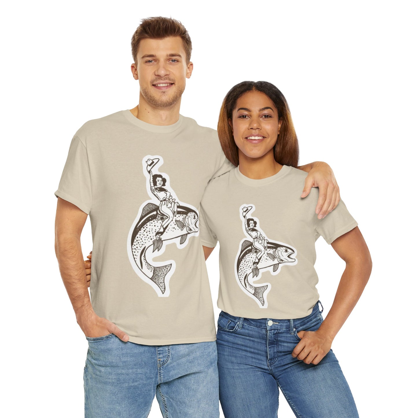 Cowgirl riding fish unisex heavy cotton t-shirt